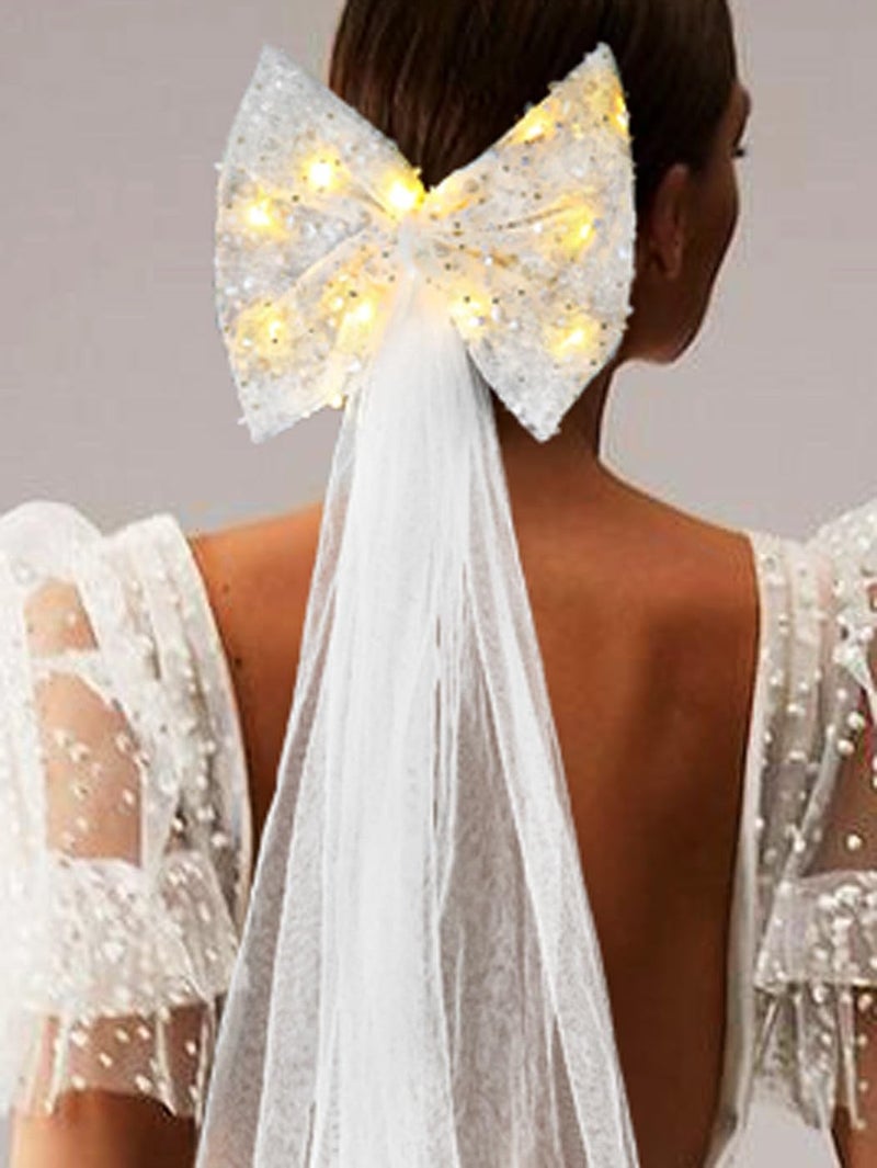 JONKY Light up Bow Wedding Veil Bridal White Sequin Bachelorette Party Hair Clip for Women(Style5) - Image 5